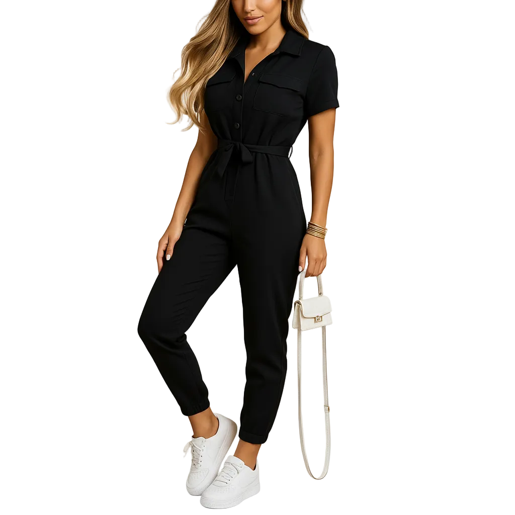 Women’s Structured Button-Front Jumpsuit – Tailored Elegant One-Piece Outfit