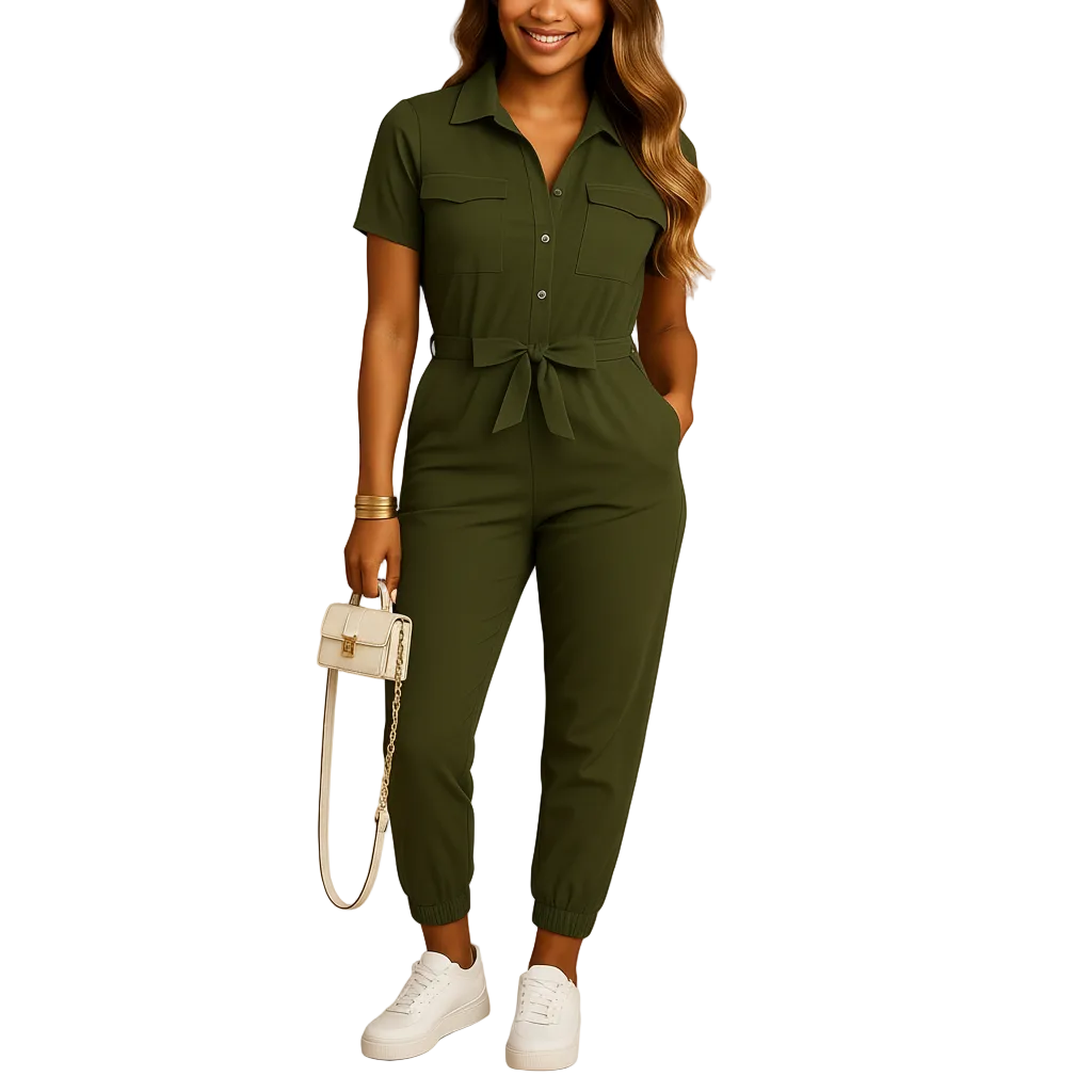 Women’s Structured Button-Front Jumpsuit – Tailored Elegant One-Piece Outfit