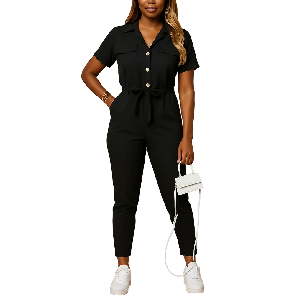 Women’s Structured Button-Front Jumpsuit – Tailored Elegant One-Piece Outfit
