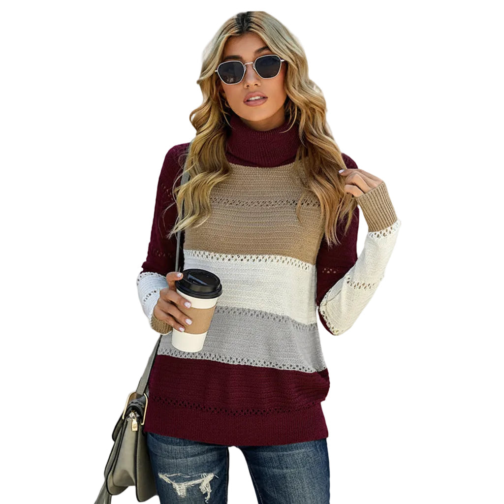 Women’s Turtleneck Sweater Hollow Stitching Knit Long Length Acrylic